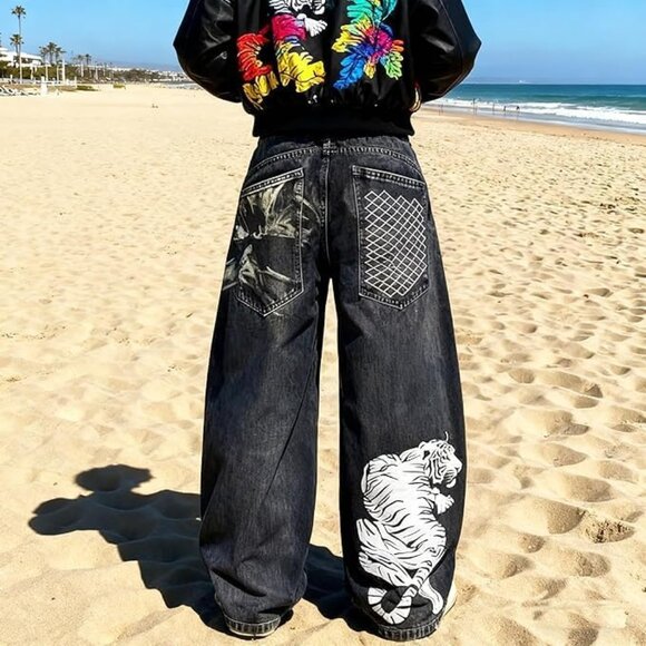 Unisex Y2K Gothic Print Wide Leg Baggy Jeans Vintage High Waist Denim - Picture 4 of 6